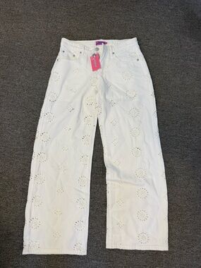 Edikted White Eyelet Wide-Leg Jeans with Embroidered Cutouts